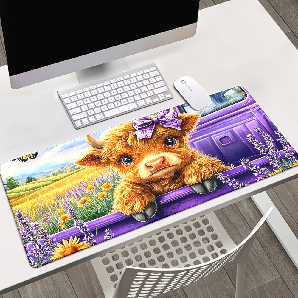 Cow Mat Rubber - Cute Highland Cow Lavender Field Desk
